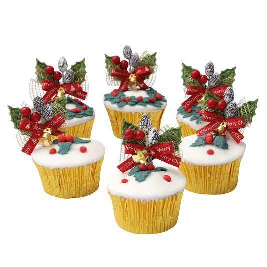 Holly Sprays Cake Christmas Topper Decorations 6 x Green Leaves Yule Log decoration Cupcake Muffin Toppers (6pc Holly Green  ) Keechi & co.