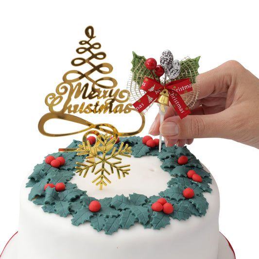 Christmas cake topper 3 piece set green holly merry Christmas Cake Decorations log cupcake toppers Keechi & co.