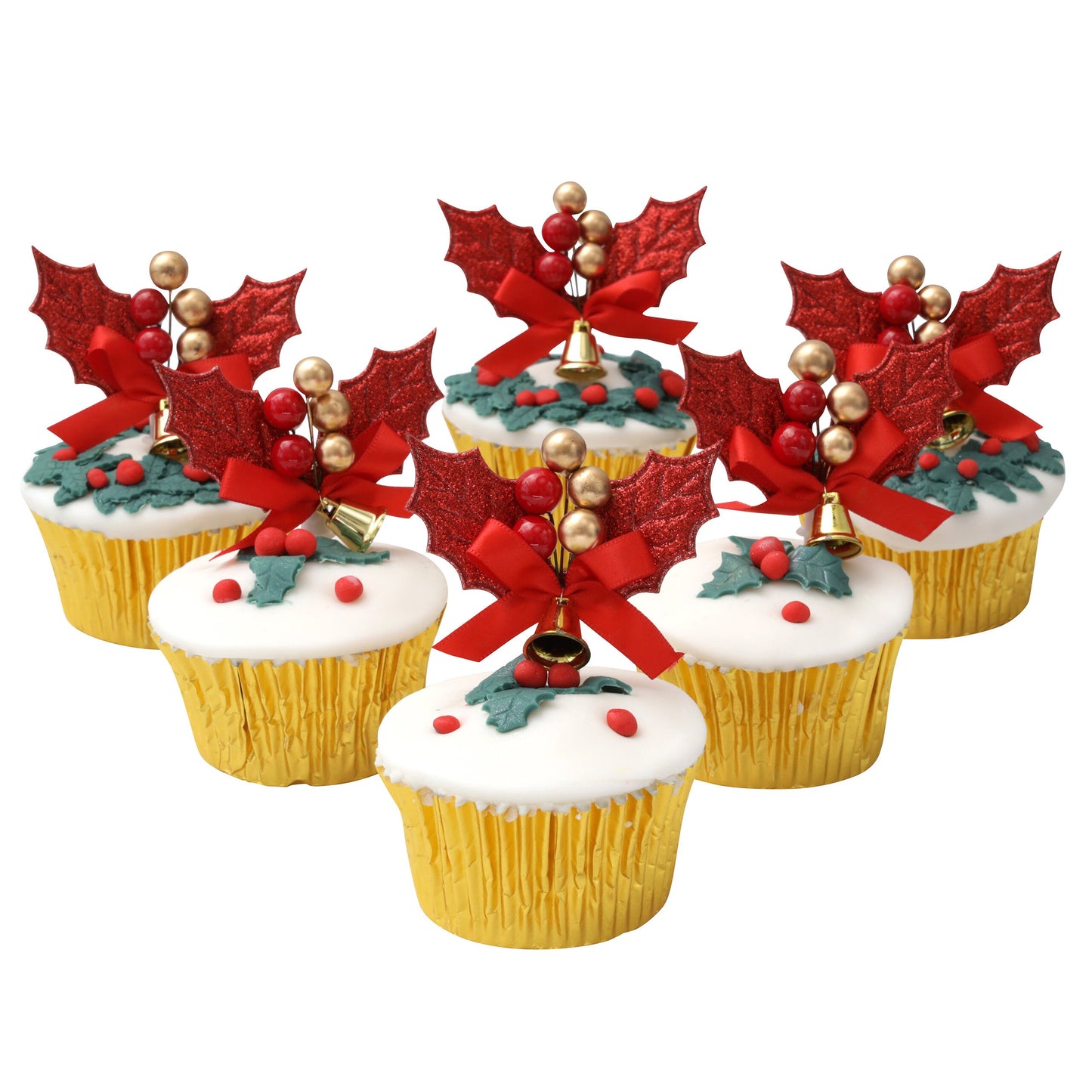 6 x red holly sprays Christmas Cake Decorations yule log cupcake toppers Keechi & co.