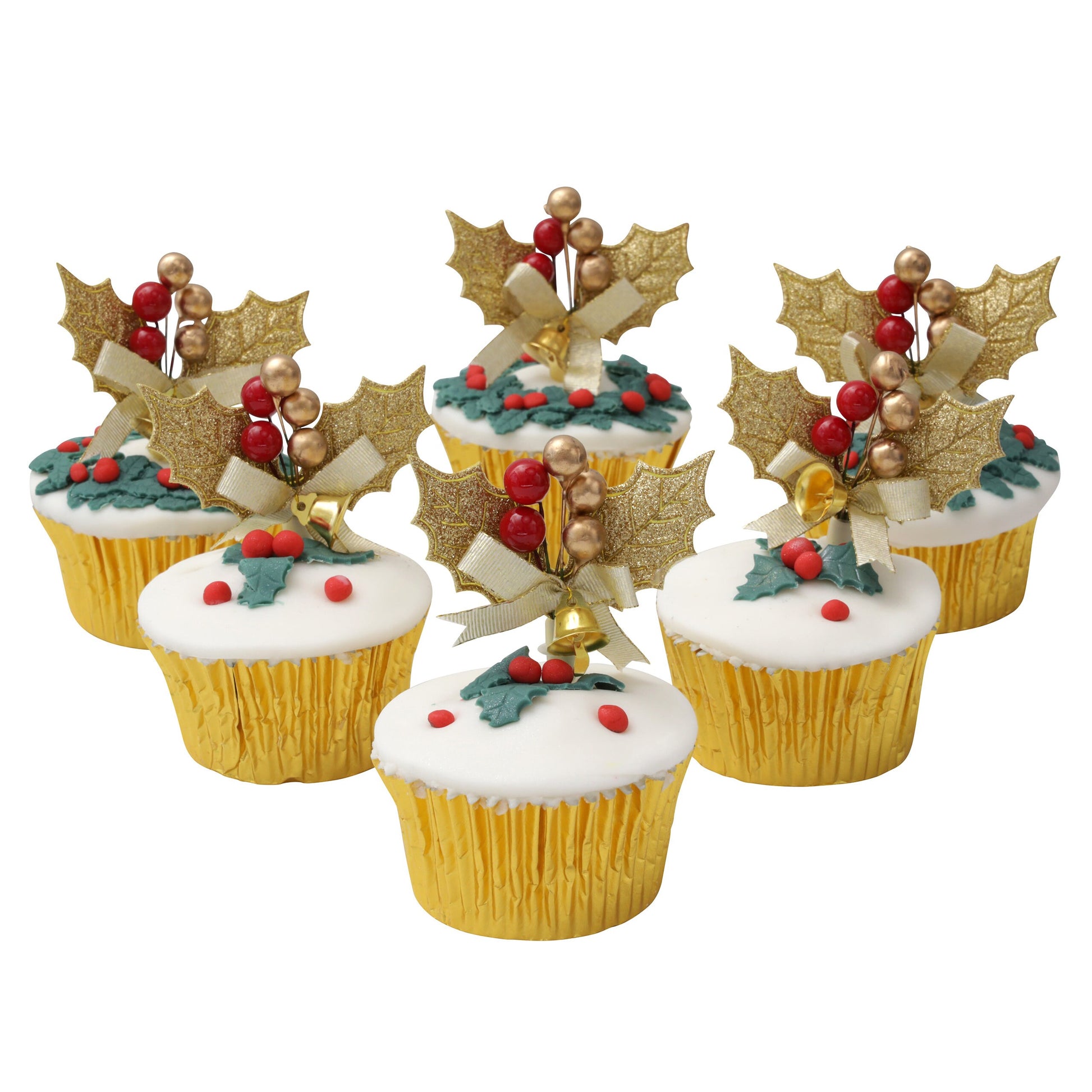 gold holly sprays cake topper Christmas cake decoration yule log cupcake toppers 6 x Keechi & co.