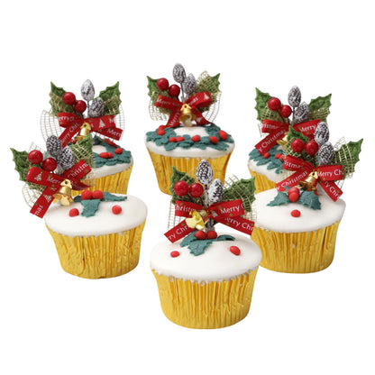 Green Holly Spray Christmas Cake Toppers – Set of 6