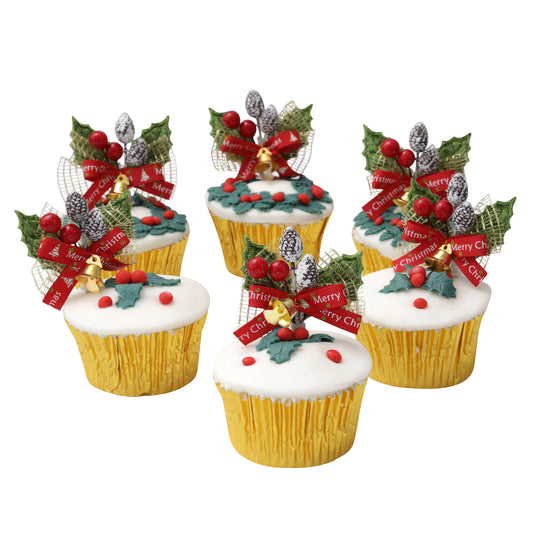 green holly sprays cake topper Christmas cake decoration yule log cupcake toppers 6 x Keechi & co.