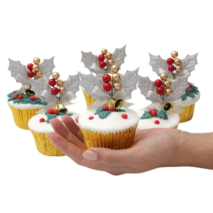 Silver Holly Christmas Cake Toppers – Set of 6 – image 2