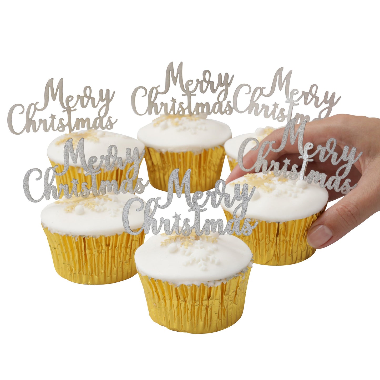 Merry Christmas cake topper stocking Cake Decorations yule log cupcake toppers (silver glitter) Keechi & co.