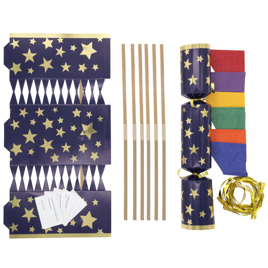 Make Your Own Christmas Cracker kit Hats Snaps Crackers Jokes navy gold star