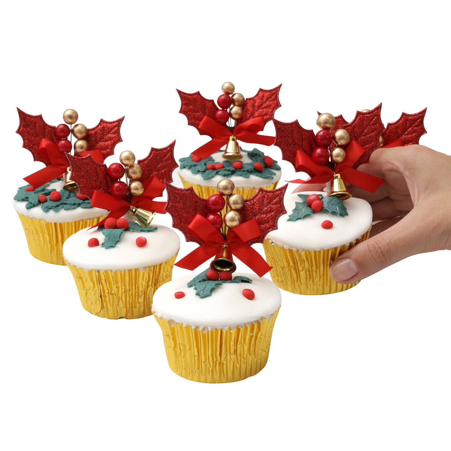 6 x red holly sprays Christmas Cake Decorations yule log cupcake toppers Keechi & co.