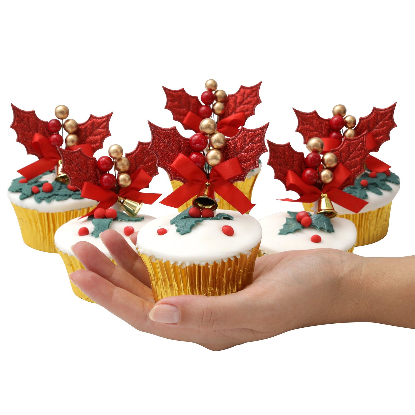 6 x red holly sprays Christmas Cake Decorations yule log cupcake toppers Keechi & co.