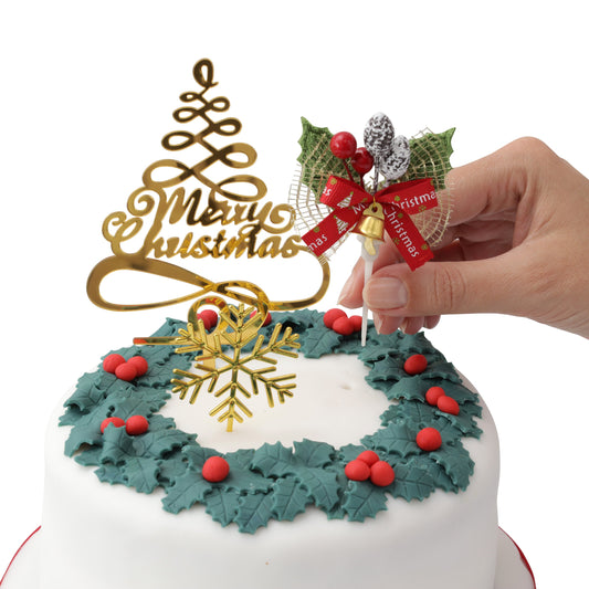 3 piece SET Green or Gold HOLLY Merry Christmas Cake Decorations log cupcake toppers