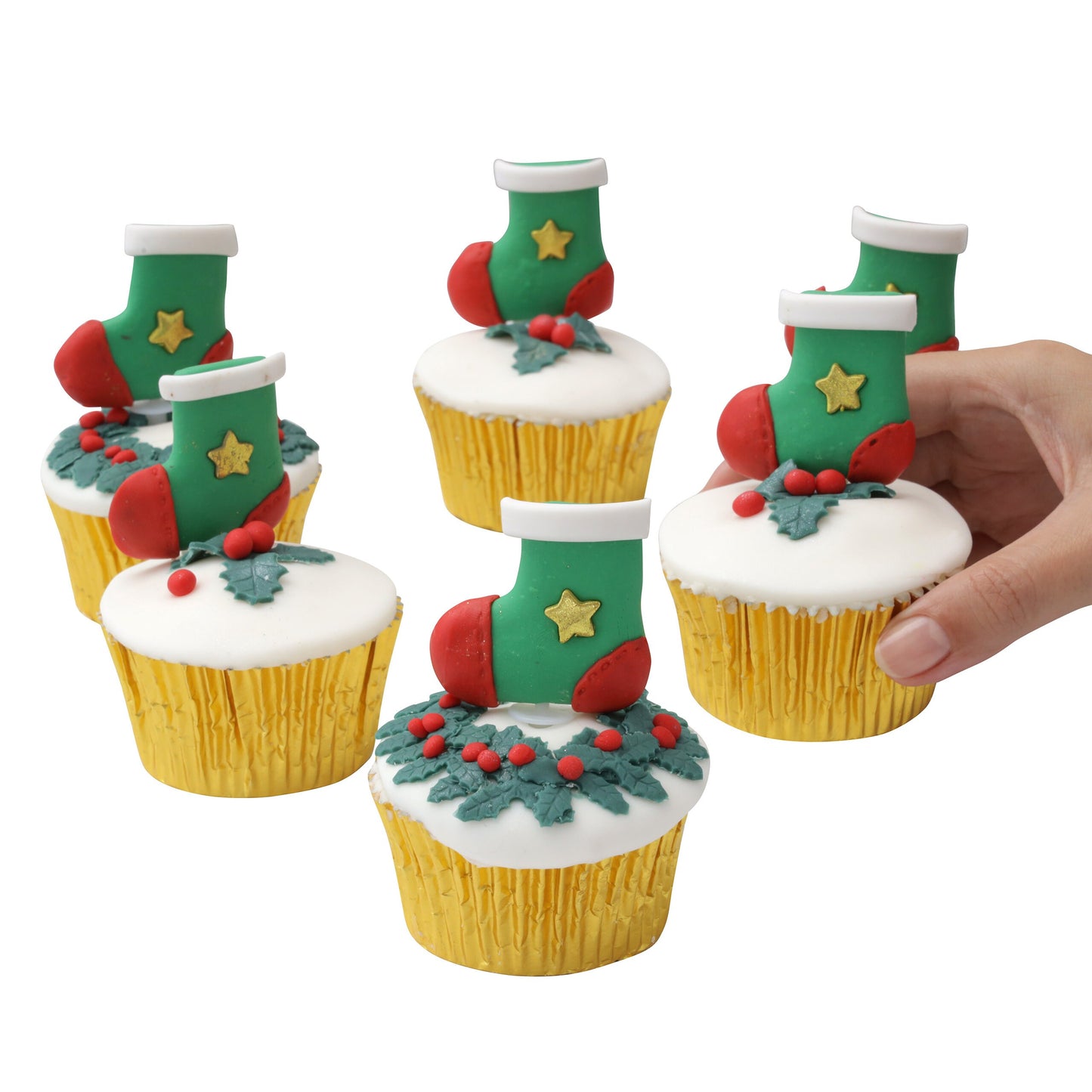 Christmas Cake topper stocking Santa little helper Decorations yule log cupcake toppers 6 x stockings Keechi & co.