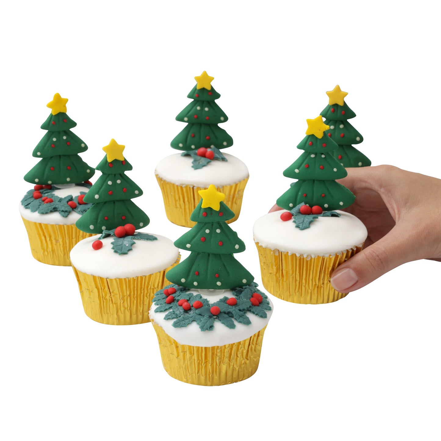 Christmas cake topper tree star 6 x Cake Decorations Yule Log Cupcake Toppers