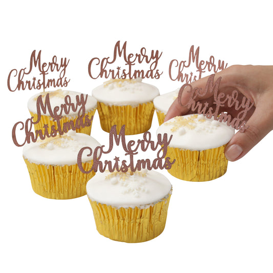 Merry Christmas Signs Cake topper Decorations Yule Log Cupcake Toppers glitter Rose  6 x Keechi & co.