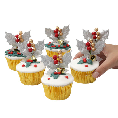 Silver Holly Christmas Cake Toppers – Set of 6