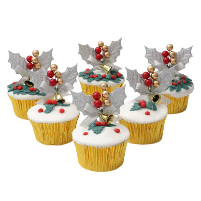 Silver Holly Christmas Cake Toppers – Set of 6 – image 3