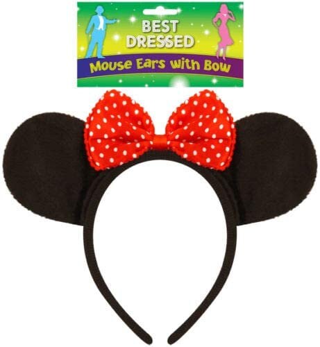 Mouse Ears Headband Fancy Dress Hen Night Birthday Party (black with red spot bow) Keechi & co.