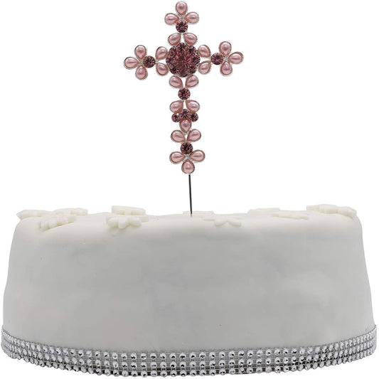 Holy Cross Cake Pick Topper  pink white blue Pearl Decoration Silver Diamante Sparkly Silver Christening Communion