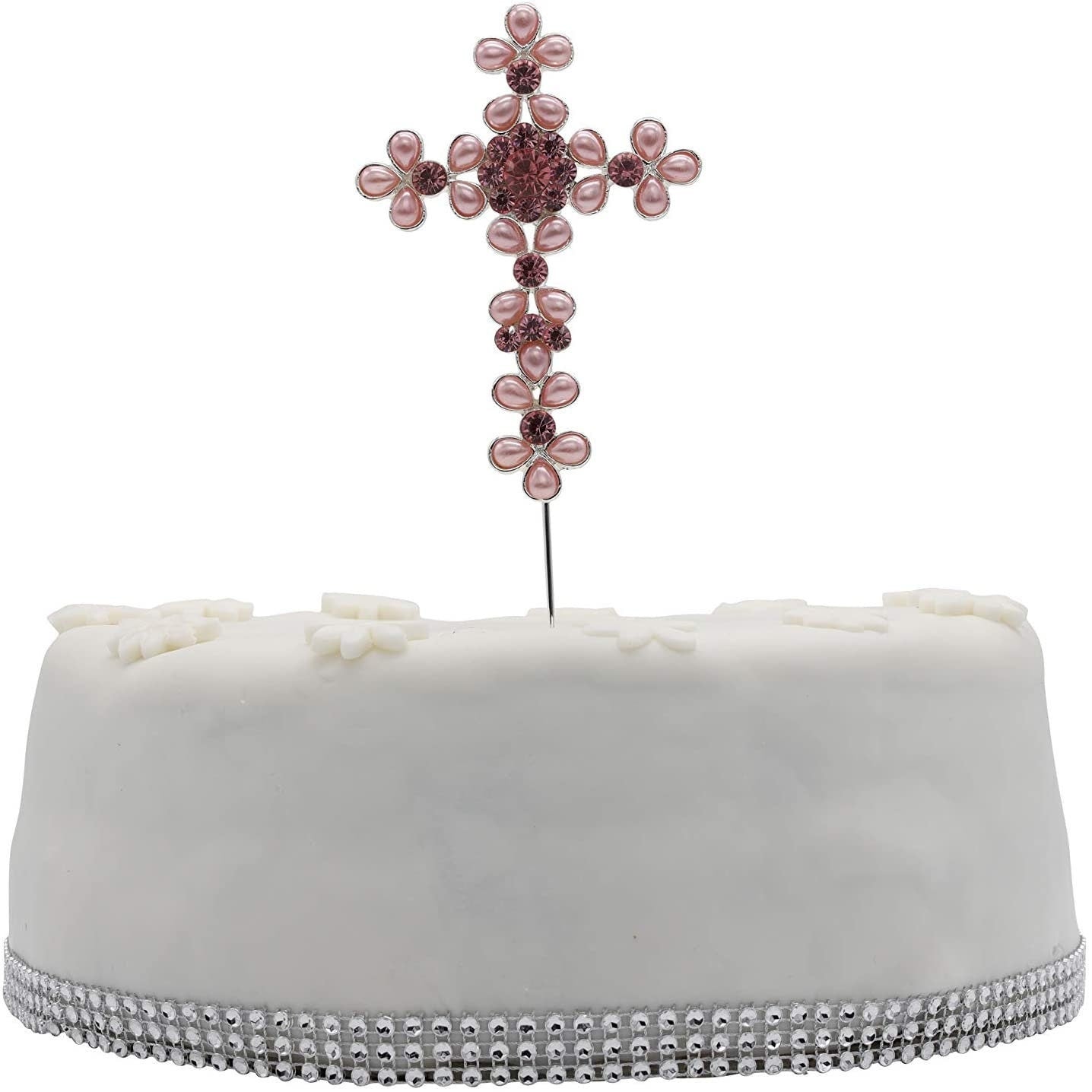 Pearl Rhinestone Holy Cross Cake Topper: Christening Communion Decoration