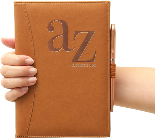 A to Z Telephone Address Book A-Z Index Hard Back Cover with Pen A5 Address Book Home Office Work (Tan) Keechi & co.