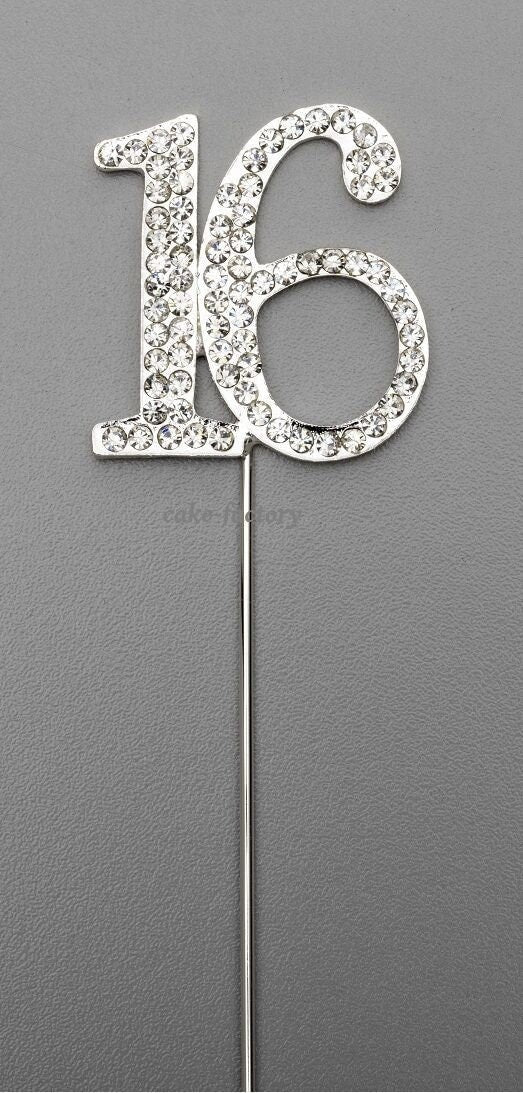 Silver Number 16 Cake Pick Topper Decoration 16th Diamante Sparkly Keechi & co.