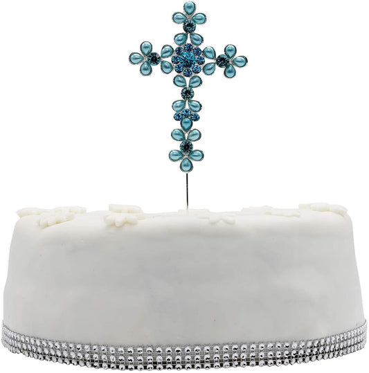 Holy Cross Cake Pick Topper  pink white blue Pearl Decoration Silver Diamante Sparkly Silver Christening Communion