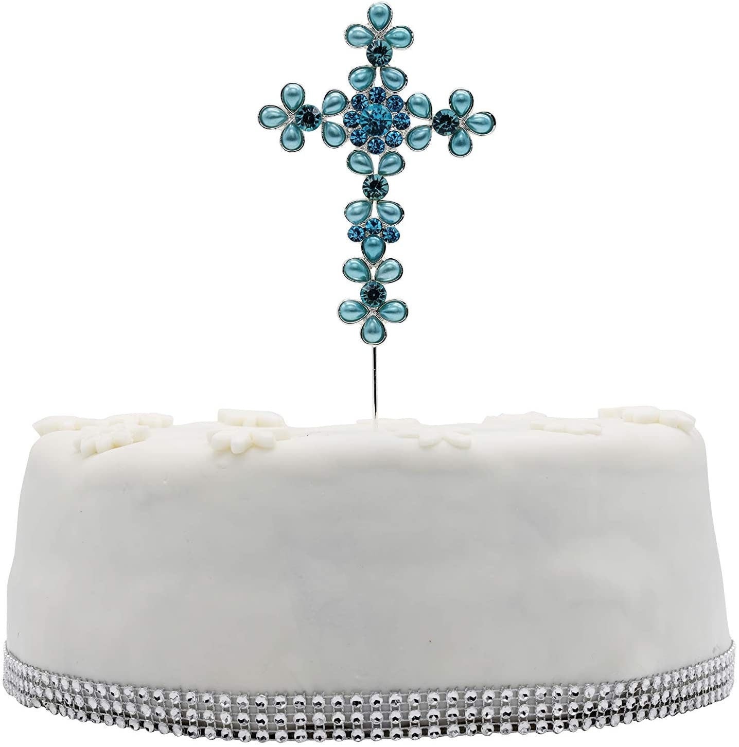 Pearl Rhinestone Holy Cross Cake Topper: Christening Communion Decoration