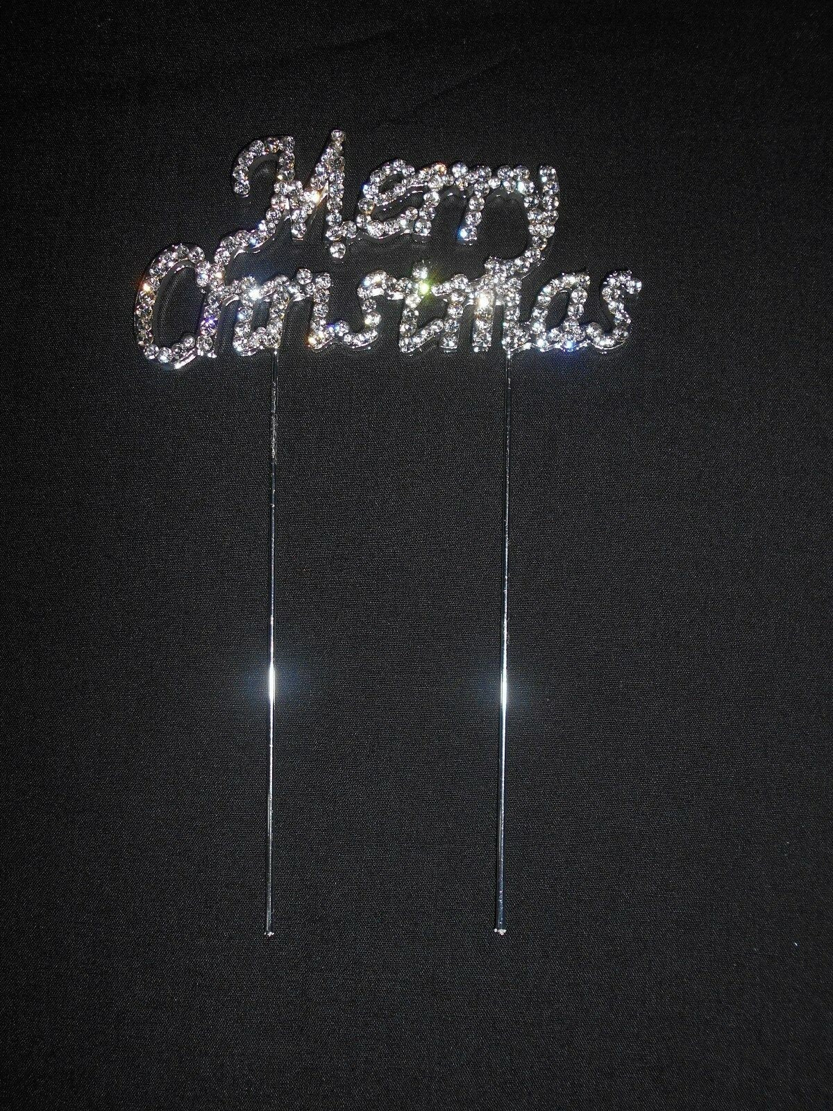 Merry Christmas Cake Topper Pick Decoration Silver Rhinestone Diamante