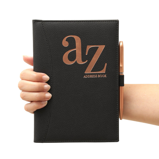 A5 Black Address Book with Pen: Hardback A-Z Index
