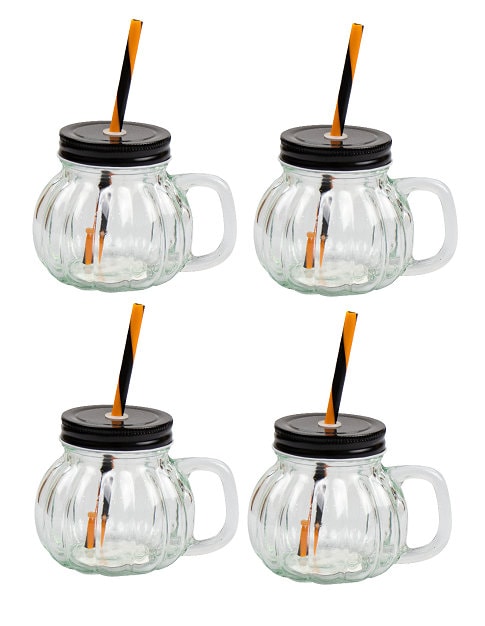 6 Pumpkin Glass Jar & Straw 350ml Halloween Cocktail Home Tableware Drinkware