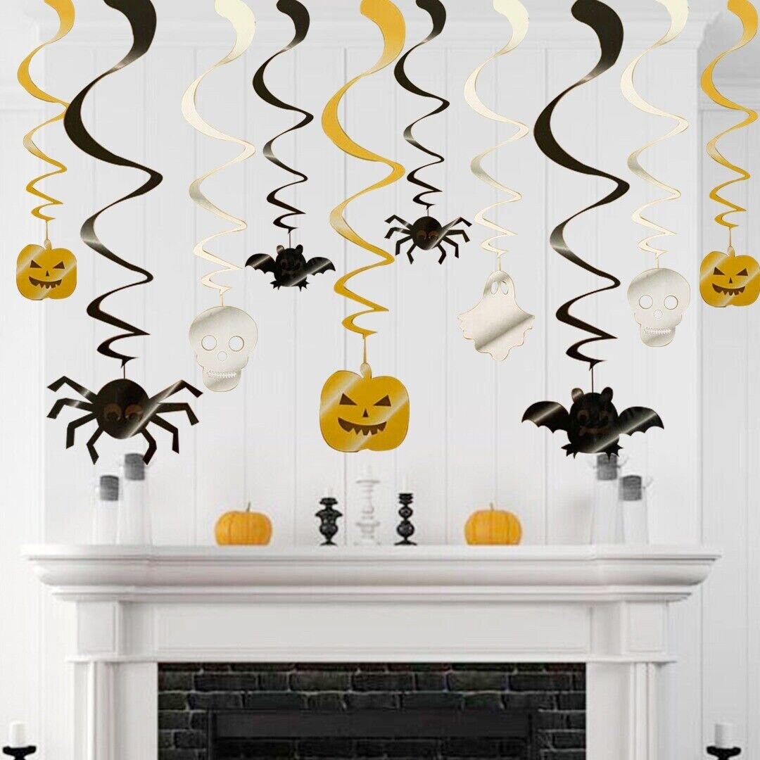 10 X Halloween Swirl Foil Decorations Hanging Spider Ghost Bat Pumpkin Skull Keechi & co.
