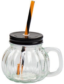 6 Pumpkin Glass Jar & Straw 350ml Halloween Cocktail Home Tableware Drinkware