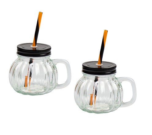 6 Pumpkin Glass Jar & Straw 350ml Halloween Cocktail Home Tableware Drinkware