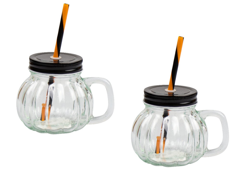 6 Pumpkin Glass Jar & Straw 350ml Halloween Cocktail Home Tableware Drinkware