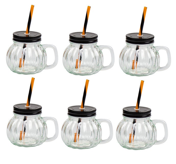 Pumpkin Glass Jar & Straw 350ml Halloween Cocktail Home Tableware Drinkware Keechi & co.