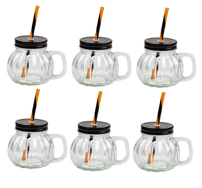 6 Pumpkin Glass Jar & Straw 350ml Halloween Cocktail Home Tableware Drinkware