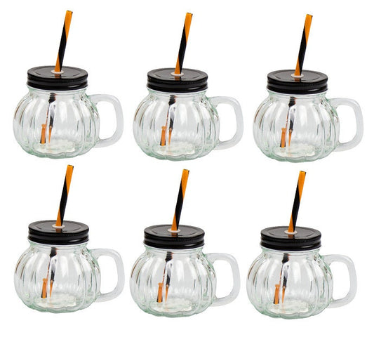 6 Pumpkin Glass Jar & Straw 350ml Halloween Cocktail Home Tableware Drinkware