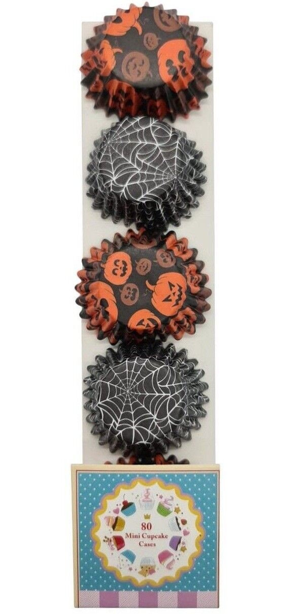 80 Mini Halloween Cupcake Cases Baking Muffin Cake Petits Fours Pumpkin Cobweb