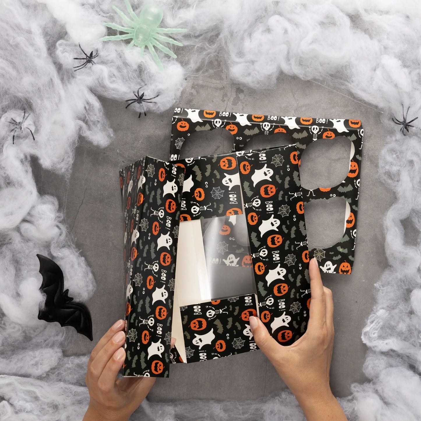 2 to 10 Halloween 6 Hole Cupcake Boxes Black Orange Cobweb Pumpkin Windowed Insert Keechi & co.