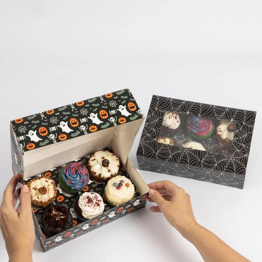 2 to 10 Halloween 6 Hole Cupcake Boxes Black Orange Cobweb Pumpkin Windowed Insert Keechi & co.