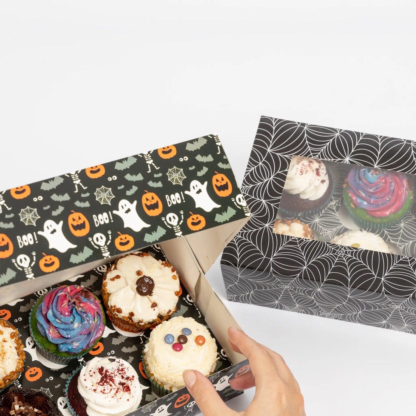 2 to 10 Halloween 6 Hole Cupcake Boxes Black Orange Cobweb Pumpkin Windowed Insert Keechi & co.