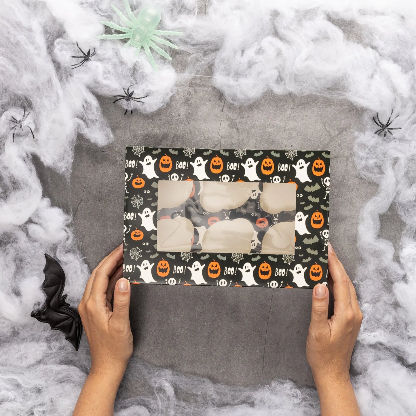 2 to 10 Halloween 6 Hole Cupcake Boxes Black Orange Cobweb Pumpkin Windowed Insert Keechi & co.