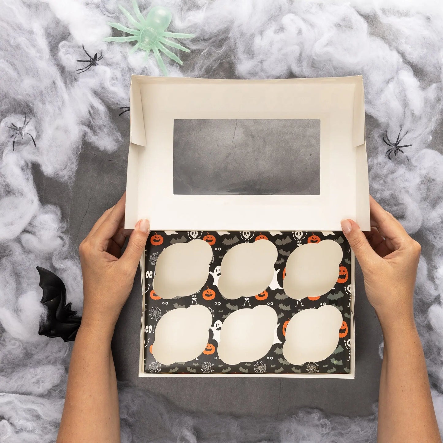 2 to 10 Halloween 6 Hole Cupcake Boxes Black Orange Cobweb Pumpkin Windowed Insert Keechi & co.