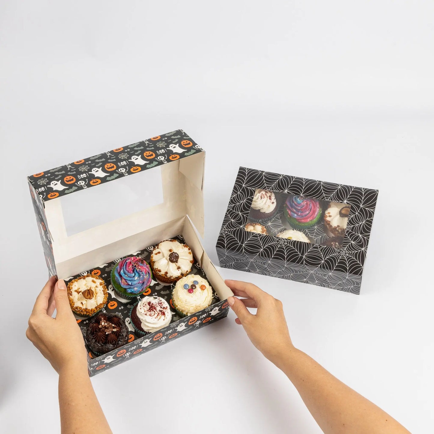 2 to 10 Halloween 6 Hole Cupcake Boxes Black Orange Cobweb Pumpkin Windowed Insert Keechi & co.