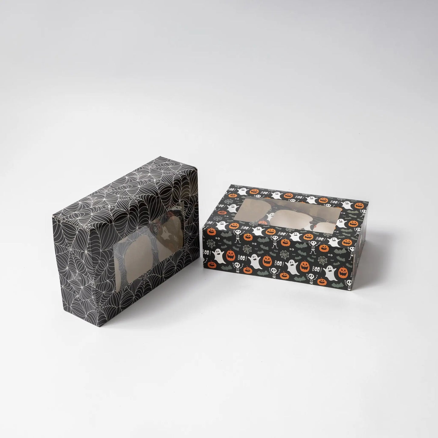 2 to 10 Halloween 6 Hole Cupcake Boxes Black Orange Cobweb Pumpkin Windowed Insert Keechi & co.