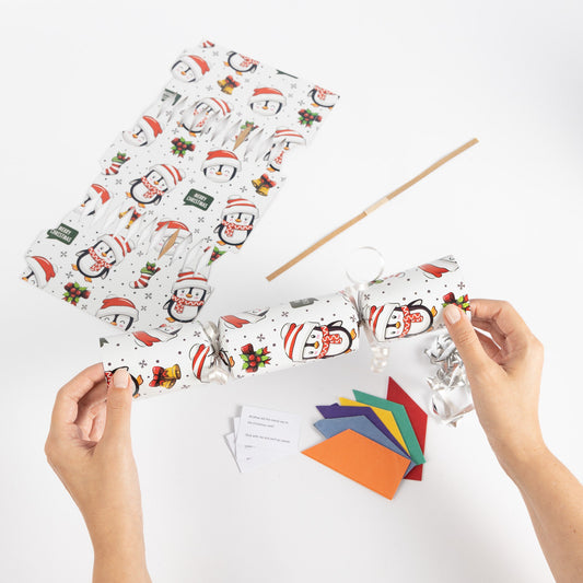 12 X Make Your Own Christmas Cracker kit Hats Snaps Crackers Jokes Ribbon penguin Keechi & co.