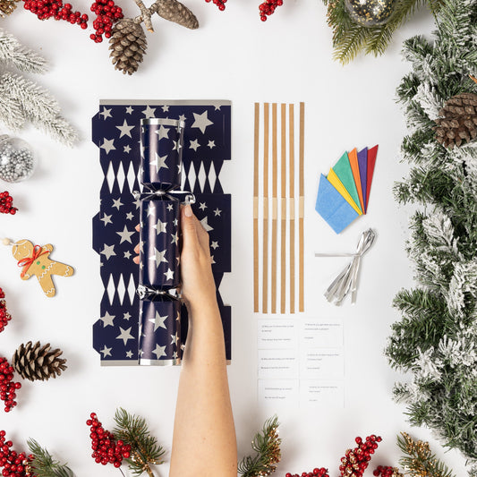 Make Your Own Christmas Cracker kit Hats Snaps Crackers Jokes navy Silver star