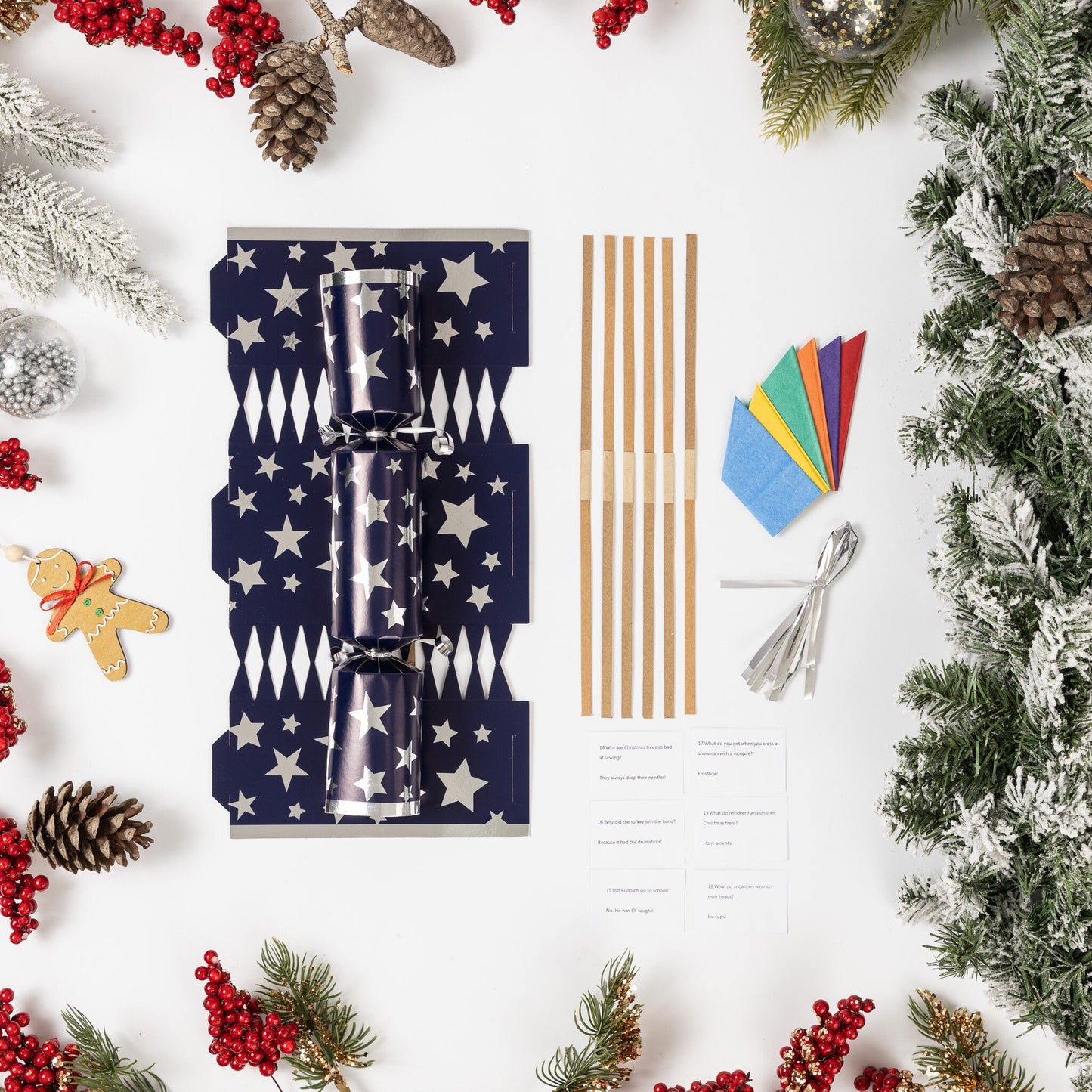 Make Your Own Christmas Cracker kit Hats Snaps Crackers Jokes navy Silver star
