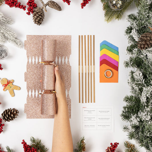 12 Make Your Own Christmas Cracker kit Crackers Hats Snaps ROSE GOLD GLITTER