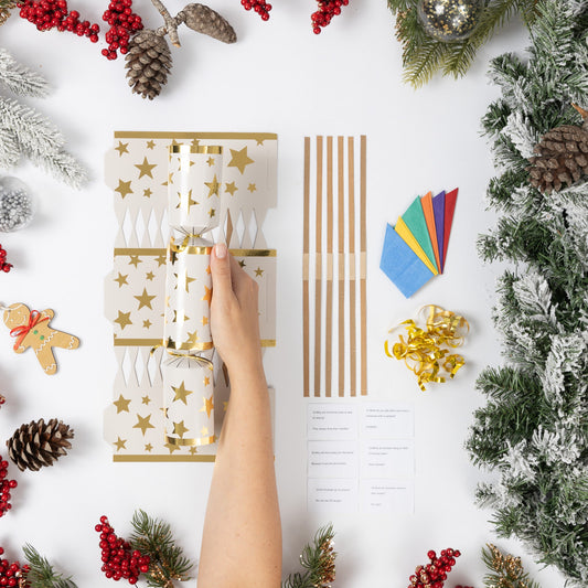 Make Your Own Christmas Cracker kit Hats Snaps Crackers Jokes gold star
