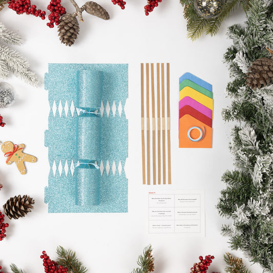 Make Your Own Christmas Cracker kit Crackers Hats Snaps baby blue glitter Keechi & co.