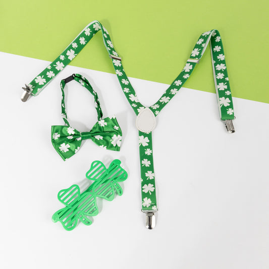 3Pcs St Patricks Day Instant Fancy Dress Braces Glasses Bow Tie Ireland Irish