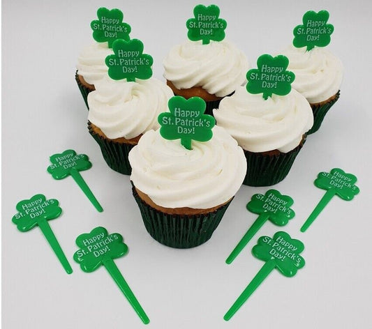 24 x Shamrock Cupcake Toppers Picks happy St. Patrick's Day Green Plastic Reusable Keechi & co.